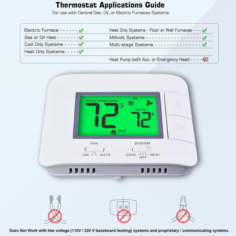 Garystat Upgraded Multi-Stage Non-Programmable Thermostats for Home 2 Heat/2 Cool, with Temperature & Humidity Monitor and Large Green LCD - Image 4